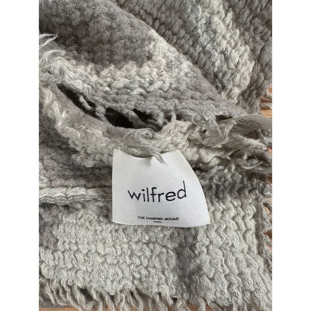 Aritzia Wilfred Wool Grey Neutral Diamond Mosaic Scarf Fringed Wrap - Picture 2 of 8